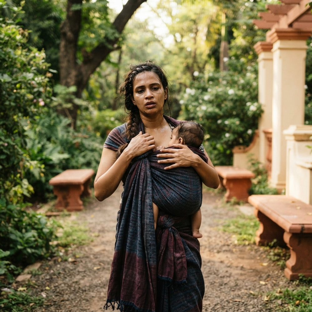 An Indian mother looking tired while carrying her baby in a heavy, non-breathable fabric wrap during a warm day in a park.
