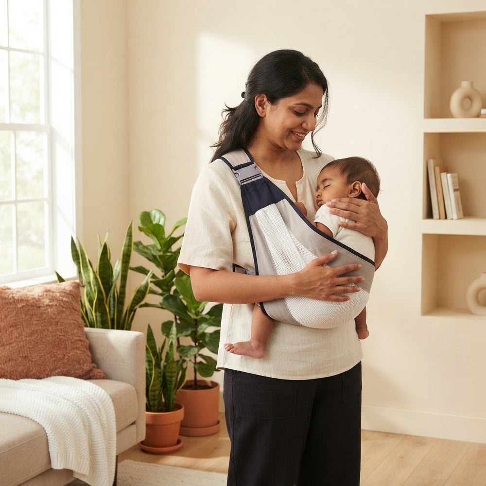 A South Asian mother wearing an ergonomic breathable baby sling carrier while at home in a warm, minimalist setting.